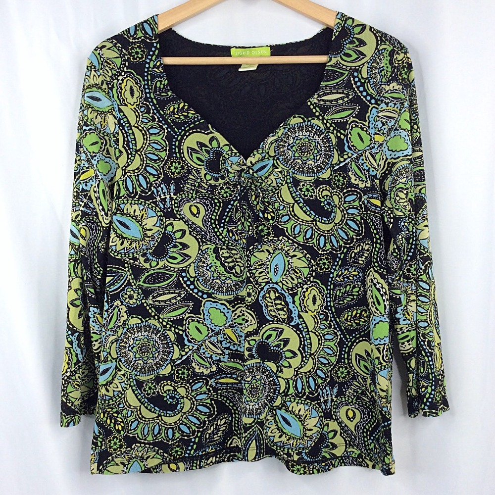 Sigrid Olsen Paisley Mesh Top Women's Plus Size 1X Green Black Blue Yellow